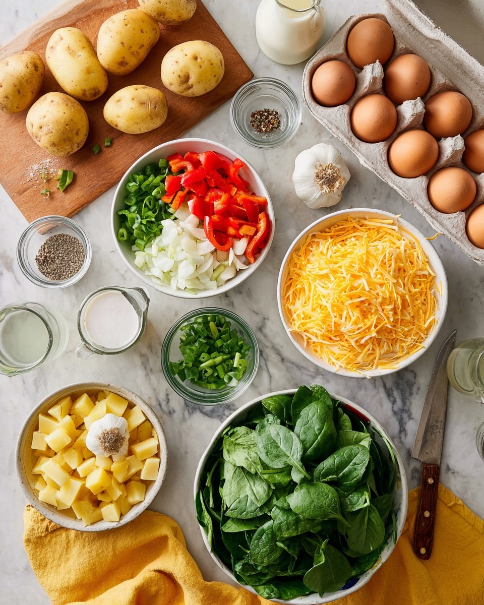 Roasted Potato and Veggie Breakfast Casserole with Cheddar Recipe 4 A white bowl filled with fresh green spinach leaves sits at the bottom center, next to a carton of brown eggs arranged in two rows. Above the spinach, a white bowl holds chopped red bell peppers, green bell peppers, chopped white onions, and three whole garlic cloves, evenly arranged by color. To the right, another white bowl is heaped with shredded yellow cheese. Beside it, a small clear bowl contains chopped green onions. A white plate with mixed salt and black pepper is near the top. On the left, a wooden board holds three whole yellow potatoes and several small potato cubes with a small knife beside them. There are small glass jars of olive oil and milk around the bowls. The scene is set on a white marbled surface, with a yellow cloth partially under the spinach bowl. Photo taken with an iphone --ar 4:5 --v 7