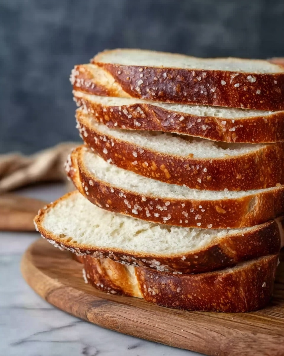 A stack of thick, soft pretzel bread slices is shown on a wooden cutting board. Each slice has a deep brown crust with a shiny, slightly rough texture sprinkled with coarse salt. The inside of the slices is light cream, fluffy, and soft. The stack leans slightly, showing the uneven yet inviting thickness of each piece. The background is a white marbled surface with a blurred dark gray wall behind. Photo taken with an iphone --ar 4:5 --v 7