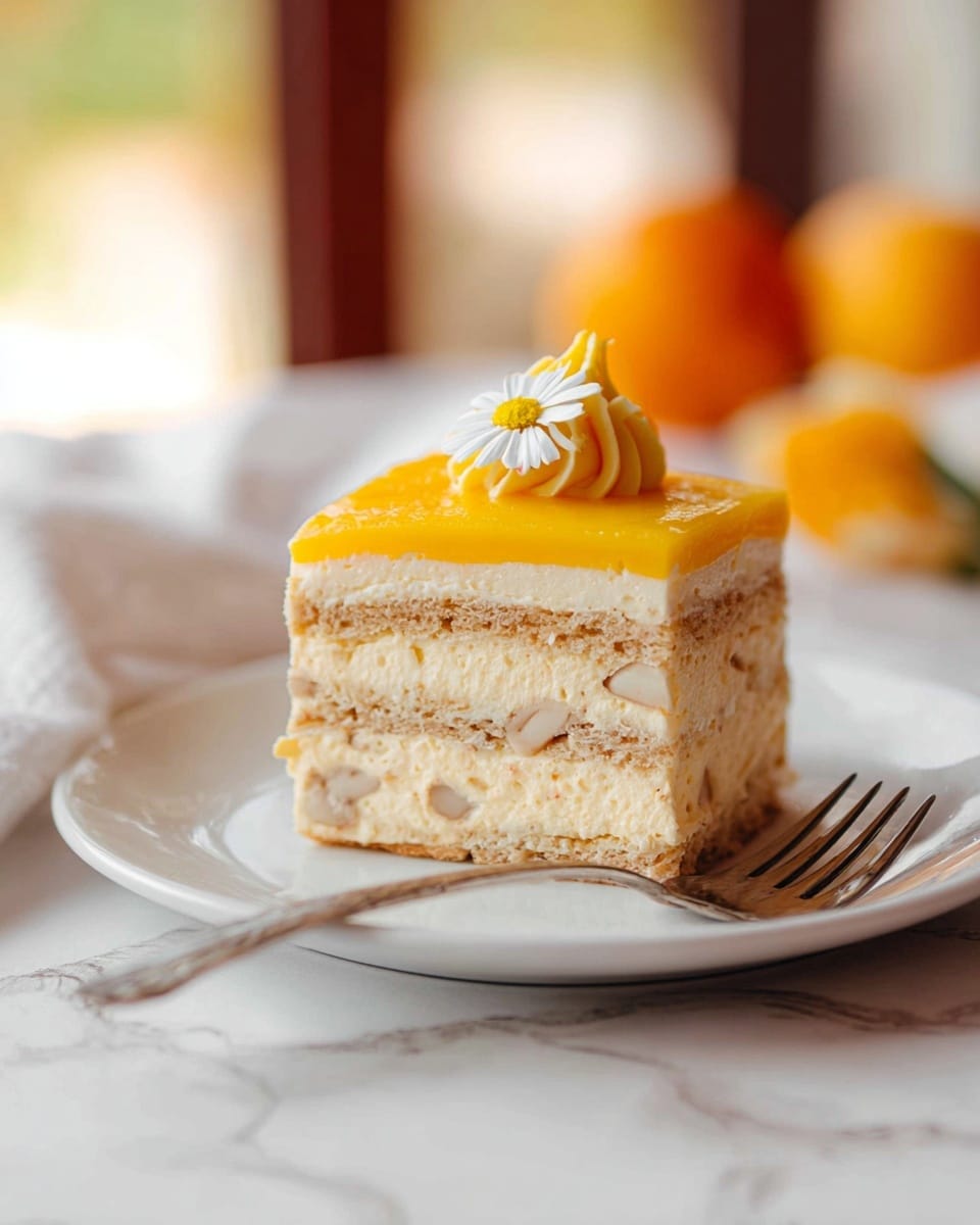 A slice of layered dessert sits on a white plate with a silver fork to the right. The dessert has four layers: the bottom layer is light beige and smooth, the next layer is cream-colored and fluffy with visible small pieces, followed by another light beige layer with texture, and the top layer is a bright yellow smooth glaze. On the very top, there is a small swirl of the yellow topping and a tiny white flower with a yellow center. The plate is on a surface with a white marbled texture, and the background is softly blurred with warm lighting and hints of orange objects. Photo taken with an iphone --ar 4:5 --v 7