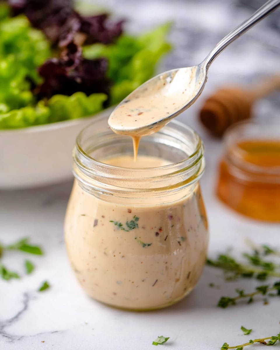 A close-up image showing a spoon held above a clear glass jar filled with creamy dressing that has small bits of herbs and spices visible throughout. The dressing is light beige with green flecks and hints of red, dripping slightly down the jar’s side. In the background, there is a white bowl filled with leafy green and dark purple lettuce on a white marbled surface. Some green herbs and a honey dipper are blurred in the background. The lighting is bright and natural, highlighting the texture and colors of the dressing. photo taken with an iphone --ar 4:5 --v 7
