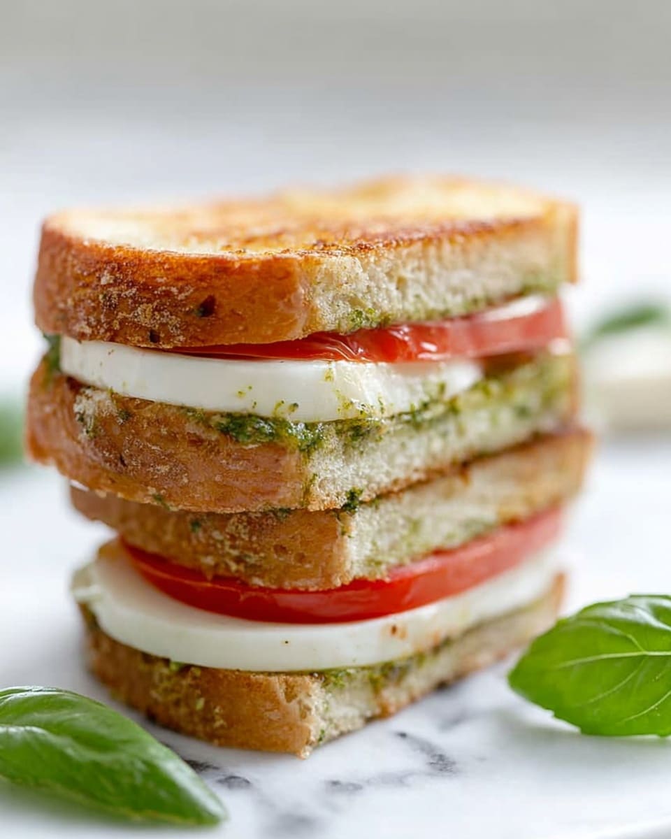 A sandwich is stacked with three layers of toasted bread that are golden brown and crisp. The bottom bread layer holds a slice of fresh white cheese and a thin red tomato slice. The middle layer has a green spread, likely pesto, topped with another slice of white cheese and a tomato slice. The sandwich is placed on a white marbled surface with soft green basil leaves nearby. Photo taken with an iphone --ar 4:5 --v 7