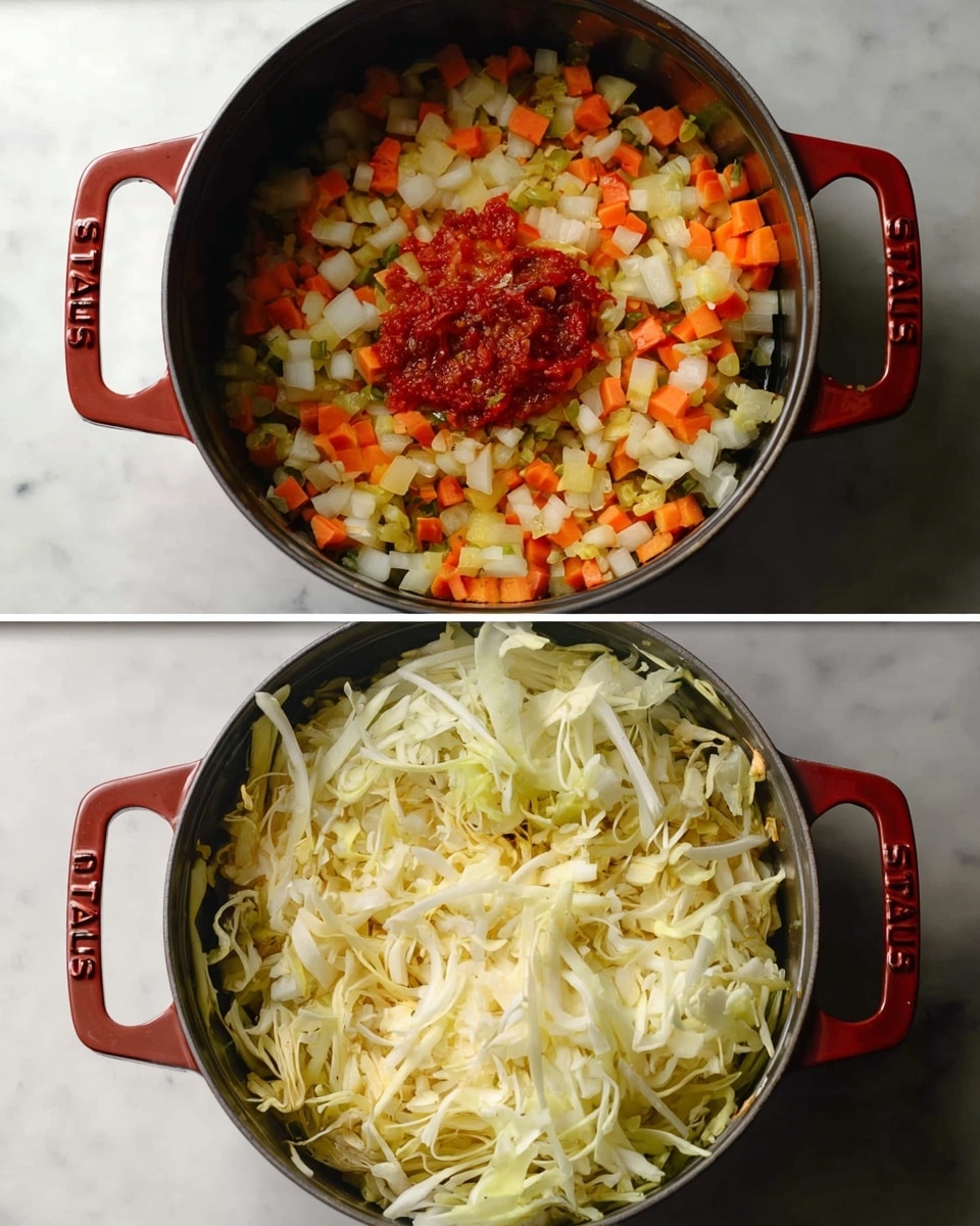 Two images stacked vertically show stages of cooking in a deep circular pot with red handles labeled