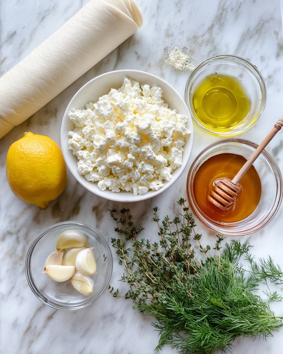 The image shows a white bowl full of white crumbly cheese in the middle, surrounded by a few small glass bowls with different ingredients. One bowl has golden olive oil, another has two peeled white garlic cloves, and a third bowl is filled with amber-colored honey with a wooden honey dipper resting in it. There is one whole yellow lemon and a bundle of fresh green herbs, including dill and thyme, next to the bowls. A white rolled pastry dough is placed at the top left corner, all on a white marbled surface. Photo taken with an iphone --ar 4:5 --v 7