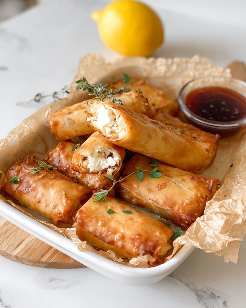 The image shows six golden brown, crispy rolls placed on crinkled parchment paper inside a white dish, arranged in two rows with three rolls each. One roll is cut in half and stacked on top of another, revealing a white, crumbly filling inside. Small green sprigs of herbs are laid on top of the rolls for decoration. A whole yellow lemon is in the background on a white marbled surface, and a small clear bowl with dark red dipping sauce is placed on the right side of the dish. The photo taken with an iphone --ar 4:5 --v 7