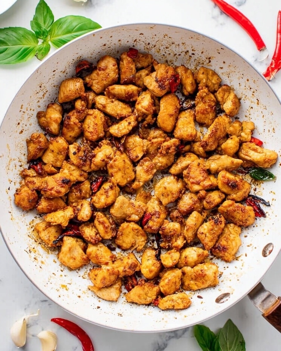 A white pan filled with many small pieces of cooked chicken in a golden brown color, spread evenly across the pan. The chicken pieces have a slightly crispy texture with some darker spots, showing they are nicely cooked. Around the pan, there are red chili peppers, garlic cloves, and a few green basil leaves placed on a white marbled surface, creating a fresh and clean setting. Photo taken with an iphone --ar 4:5 --v 7