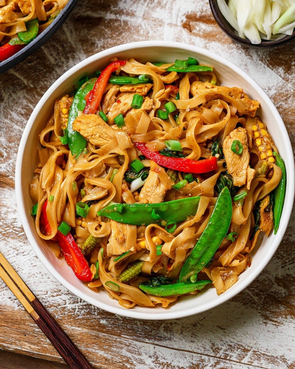 A white bowl filled with wide, flat light brown noodles as the base layer, mixed with pieces of light brown chicken, bright green snap peas, small yellow baby corn, and slices of vibrant red bell pepper spread evenly on top; scattered small chopped green onions add a fresh green touch, all sitting on a rustic wooden surface with a white marbled texture visible around the edges, accompanied by light-colored chopsticks and a small bowl of white pickled vegetables in the background. Photo taken with an iphone --ar 4:5 --v 7