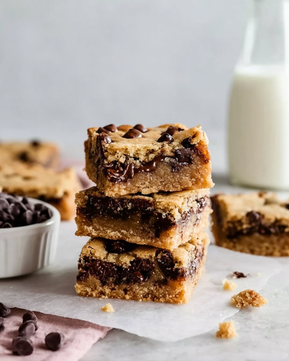 The image shows a stack of three square chocolate chip cookie bars on a white marbled surface. Each bar has a golden-brown top layer dotted with melted dark chocolate chips, a thick, soft middle layer filled with gooey melted chocolate, and a slightly darker bottom crust. A few crumbs are scattered around the bars. In the background, there is a glass bottle of milk and a small white bowl filled with chocolate chips. The lighting is soft and natural, highlighting the warm tones of the cookie bars. Photo taken with an iphone --ar 4:5 --v 7
