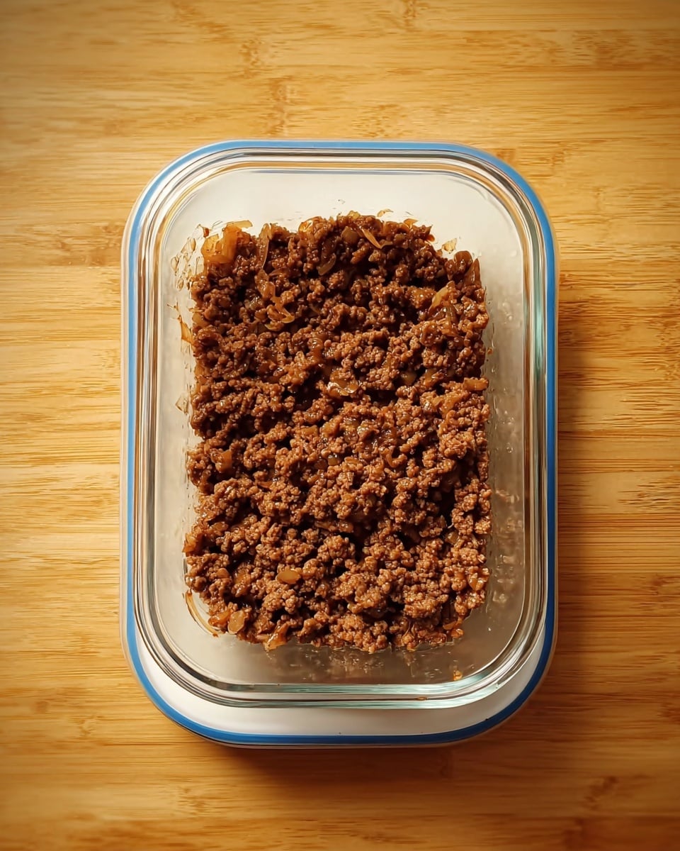 A clear glass rectangular container is filled with one even layer of cooked ground meat, which looks brown and slightly chunky with bits of onion mixed in. The container is placed on top of a closed white plastic lid with a blue rim. The background surface is a warm light wood texture. Photo taken with an iphone --ar 4:5 --v 7