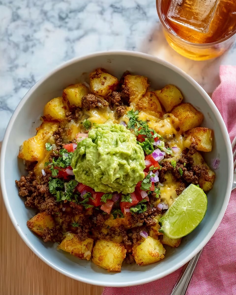 A white bowl filled with four layers from bottom to top: crispy golden potato chunks, melted light yellow cheese coating the potatoes, dark brown cooked ground meat scattered evenly, and a thick scoop of green guacamole with visible small bits and purple-red diced tomatoes mixed with fresh green herbs on top. A bright green lime wedge is placed on the right edge of the bowl. A white marbled surface is underneath the bowl, with a fork and a pink cloth napkin on the right side. A glass with amber-colored drink and a large ice cube is at the top right. photo taken with an iphone --ar 4:5 --v 7