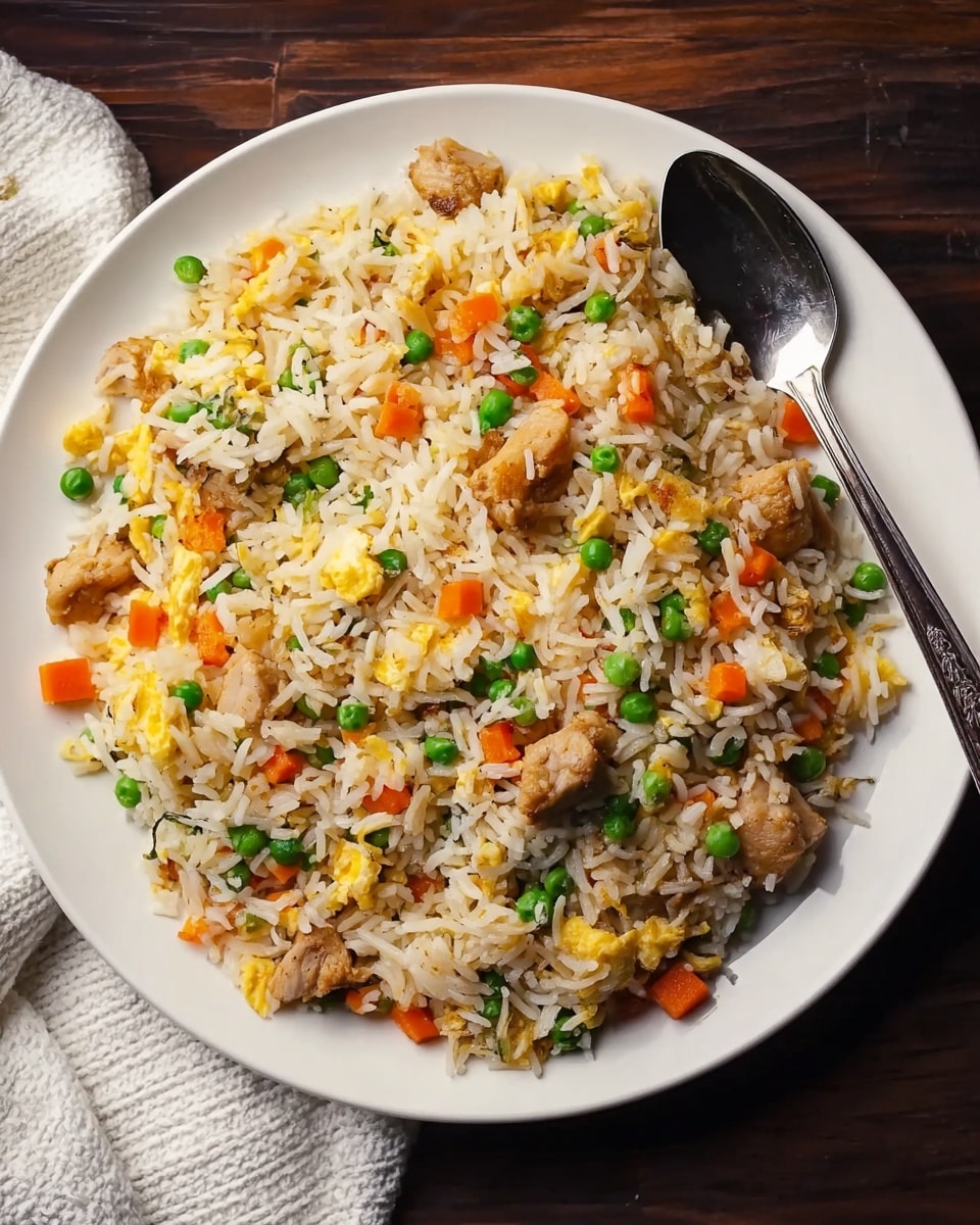 A white plate filled with fried rice showing three main layers: fluffy white rice grains mixed with small pieces of light brown cooked chicken, vibrant orange small carrot cubes scattered evenly, and bright green peas spread throughout. There are also small yellow chunks of scrambled eggs mixed in the rice. The plate is placed on a dark wooden surface, with a silver spoon resting on the right edge of the plate and a white textured cloth on the left side. photo taken with an iphone --ar 4:5 --v 7
