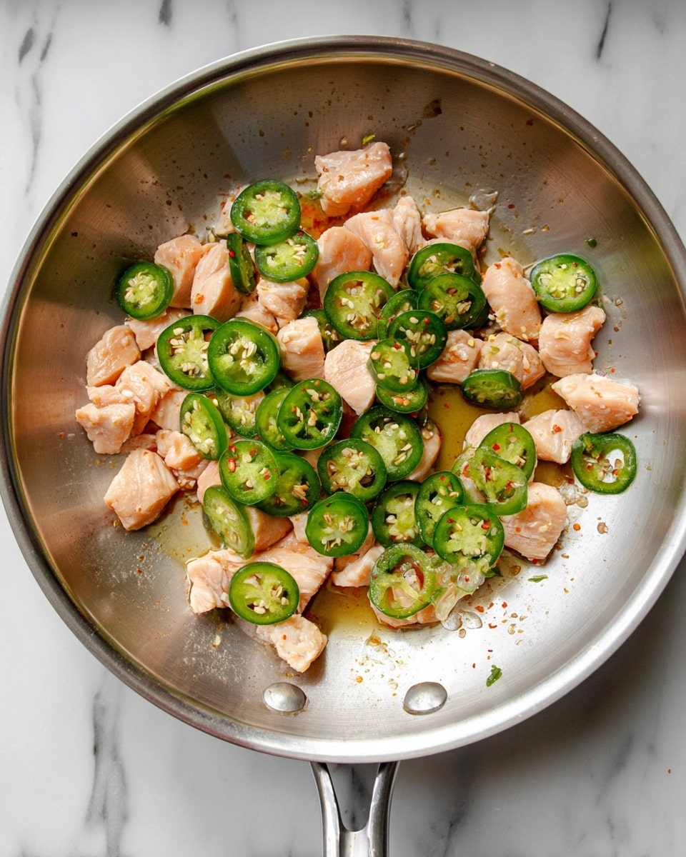 In a silver frying pan, there are small, light pink pieces of chicken with a slightly cooked texture. On top of the chicken, slices of green jalapeño peppers with visible seeds are spread evenly. The pan has a little oil that makes it shiny, and the background is a white marbled surface. photo taken with an iphone --ar 4:5 --v 7