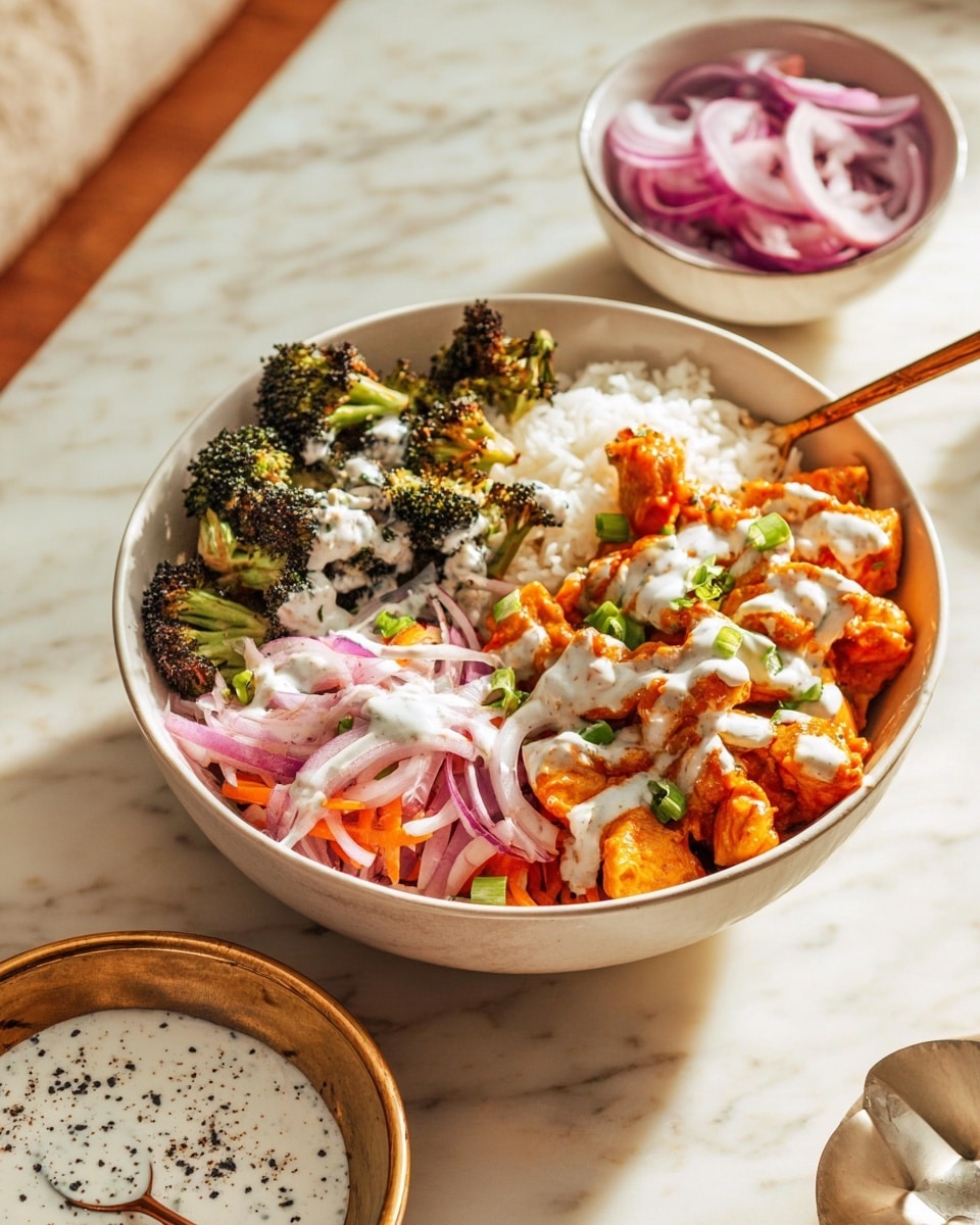 A white bowl filled with four layers: on the left, roasted broccoli with a crispy texture and dark green color; next to it, cooked white rice with a fluffy look; in the front, orange pieces of cooked chicken covered in white sauce; and on top, thin orange carrot strips, green sliced scallions, and purple rings of raw onion, all drizzled with white creamy dressing. To the lower left, there is a small bowl of white creamy sauce with black specks and a spoon inside. Behind the bowl is a smaller white bowl holding purple onion rings. The scene is set on a white marbled surface with warm lighting, and a wooden chopstick rests inside the bowl. Photo taken with an iphone --ar 4:5 --v 7