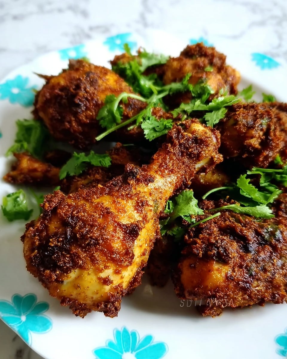 The image shows several pieces of cooked chicken drumsticks coated in a thick, dark brown spice mix with a slightly rough texture, arranged closely on a white plate with light blue flower patterns. Fresh green coriander leaves are scattered on top, adding a bright contrast to the dark, rich chicken colors. The plate is placed on a white marbled surface. Photo taken with an iphone --ar 4:5 --v 7