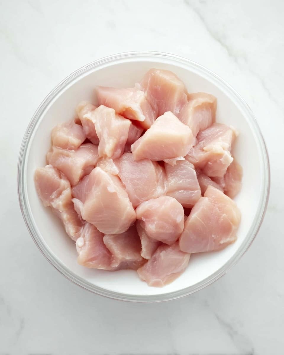 In a clear white bowl, there are pale pink raw chicken pieces looking moist and chunky, piled in one layer from bottom to top of the bowl. The bowl sits on a white marbled surface, giving a clean and fresh look to the scene. Photo taken with an iphone --ar 4:5 --v 7