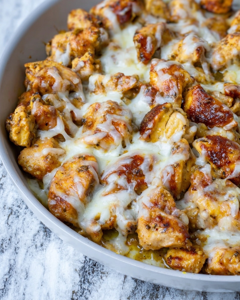 The image shows a close-up of a white pan filled with bite-sized pieces of cooked chicken in two main colors: golden yellow and browned edges. These chicken pieces are lightly covered with melted white cheese that drapes over the top, some strands stretching between the pieces. The chicken looks seasoned with small dark spots of herbs and spices. The background surface under the pan is white marble with subtle gray veins. photo taken with an iphone --ar 4:5 --v 7