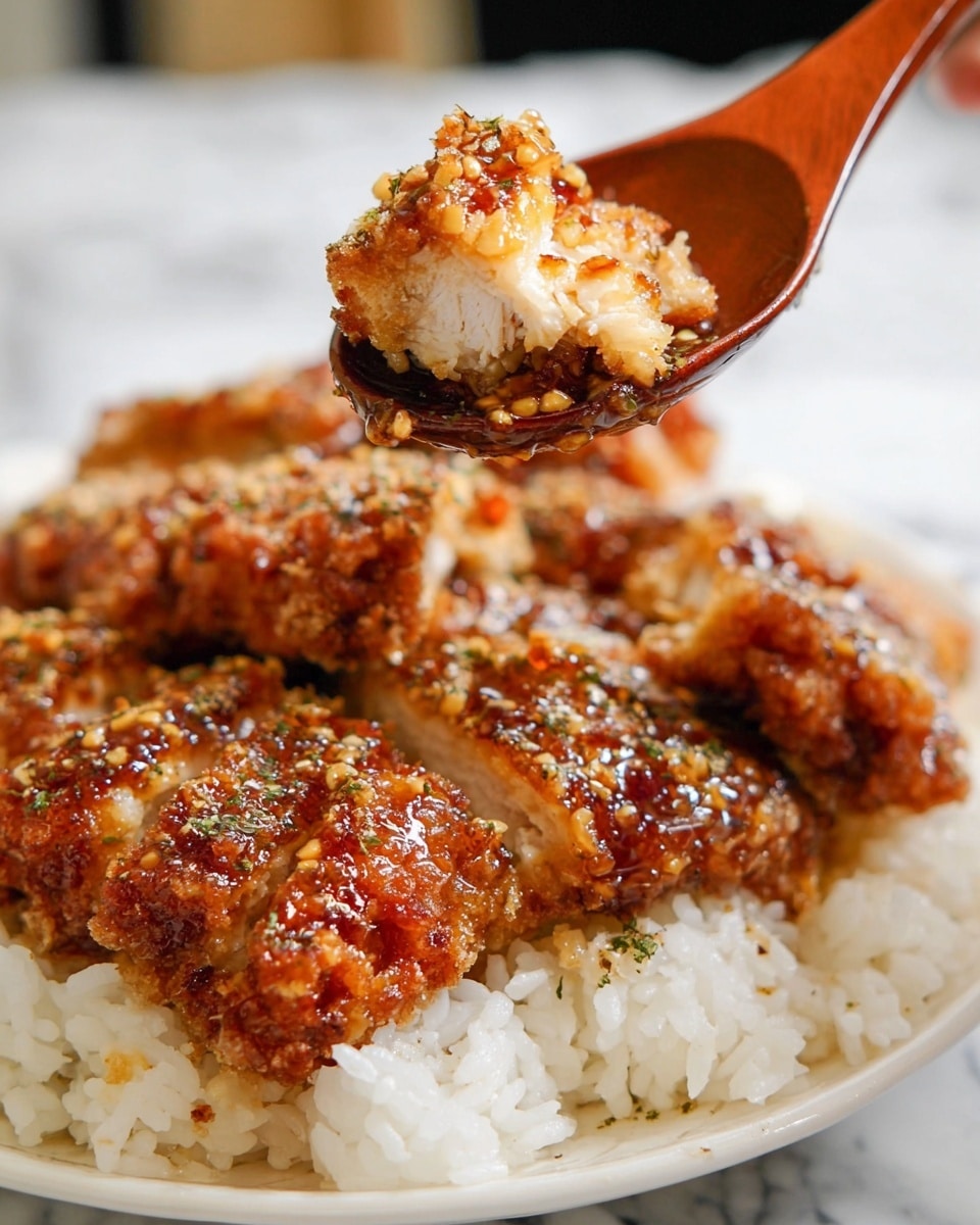A close-up view of a white plate filled with white rice as the bottom layer, topped with several pieces of golden-brown fried chicken coated in a shiny, sticky sauce with small bits of garlic and sprinkled with green herbs. One piece of chicken is lifted on a wooden spoon with some rice underneath, showing the crispy texture of the chicken skin and the tender white meat inside. The background is softly blurred with a white marbled surface beneath the plate. photo taken with an iphone --ar 4:5 --v 7