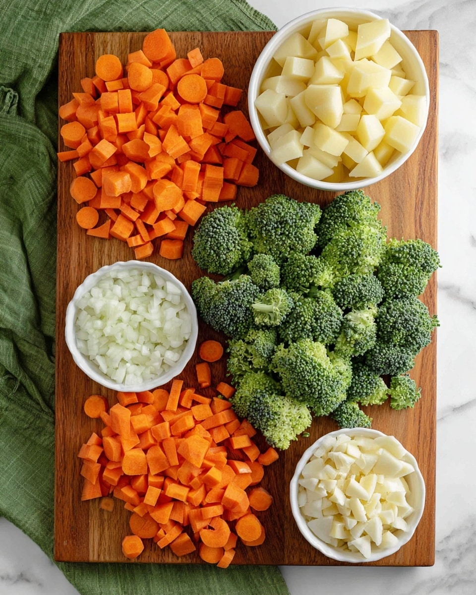 A wooden board holds four groups of fresh ingredients arranged in layers: bright orange chopped carrots fill the bottom left, bright green broccoli florets sit on the top right, and two small white bowls rest on the board, one with finely chopped white onions placed near the top left carrots, and another with chopped garlic near the bottom right carrots. In the top right corner off the board, a white bowl contains light yellow cubed potatoes. The background is a white marbled texture, with a green cloth partially visible in the upper left corner, photo taken with an iphone --ar 4:5 --v 7