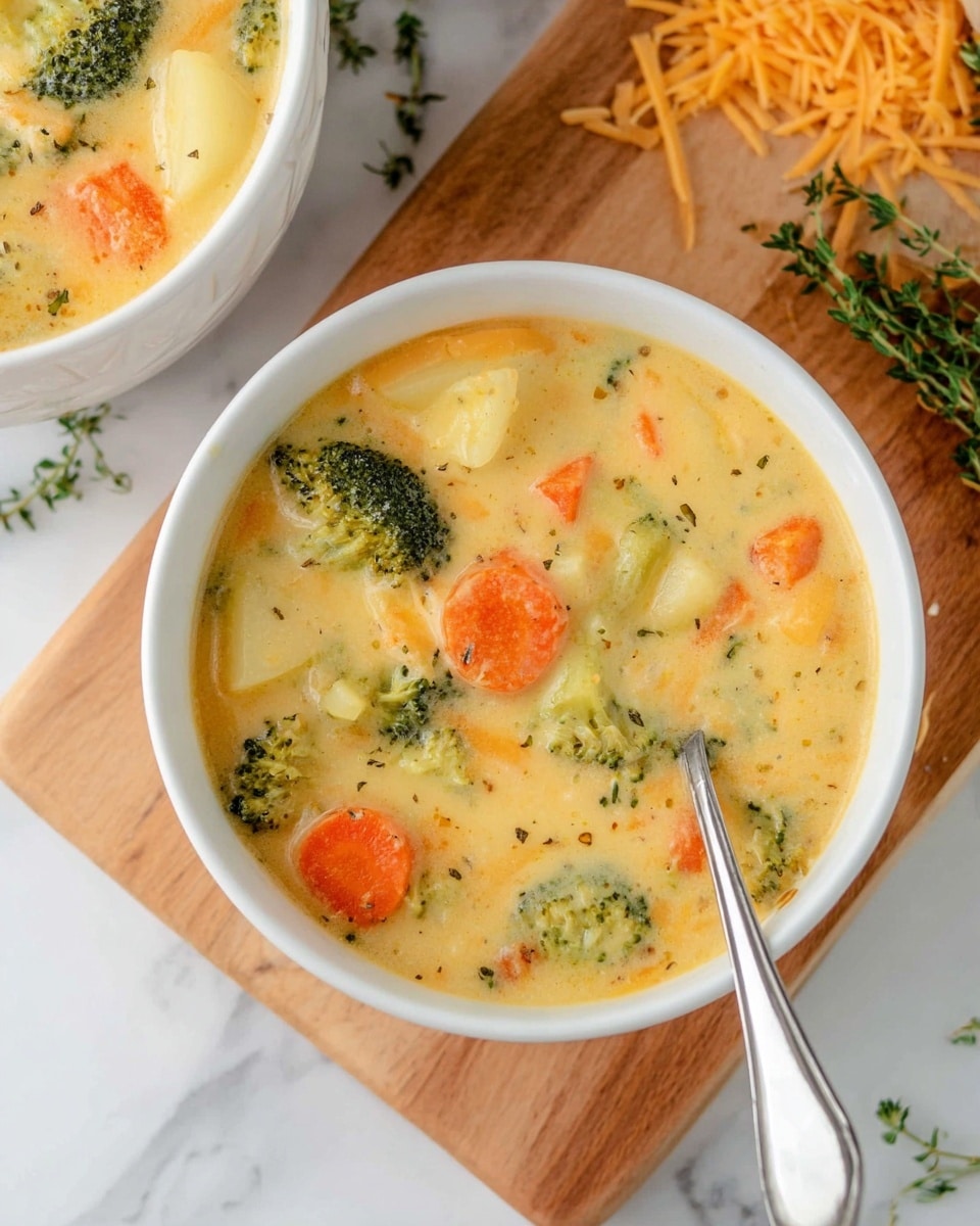 A close-up of a white bowl filled with thick creamy soup showing three main layers: the first layer is a smooth, light yellow broth, the second layer has chunky vegetable pieces including bright orange carrot slices and green broccoli florets scattered evenly, and the bottom shows some white potato chunks partly submerged. A shiny silver spoon rests inside the bowl on the right side. The bowl sits on a light wooden board placed on a white marbled surface with scattered shredded orange cheese pieces and a small green herb sprig on the top right corner. Part of another bowl with the same soup is visible in the top left and bottom right corners. Photo taken with an iphone --ar 4:5 --v 7