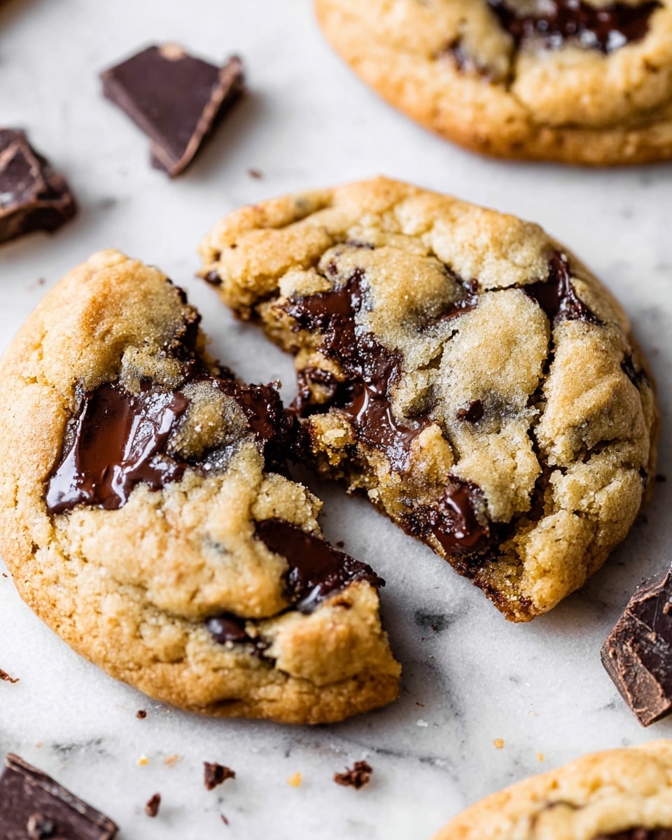 The image shows a close-up of a broken cookie on a white marbled surface, exposing its soft and crumbly light brown interior with melted dark chocolate chunks spread inside. The cookie has a slightly cracked top with visible large, shiny dark chocolate pieces embedded throughout the golden-baked dough. There are extra broken chocolate pieces scattered around the cookie on the white marbled surface. Photo taken with an iphone --ar 4:5 --v 7