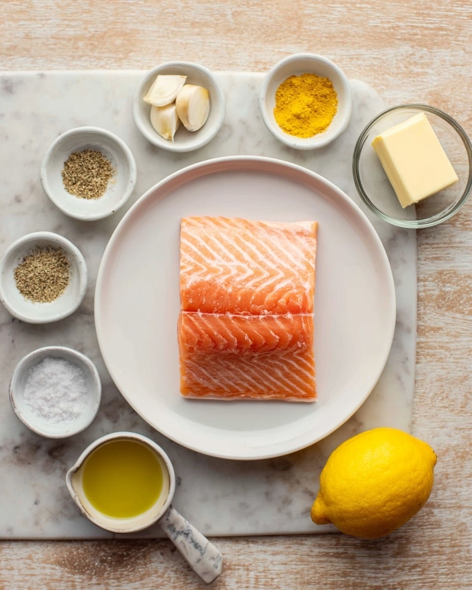 A piece of fresh raw salmon lies in the middle of a white plate, showing its pink and orange layers with white lines of fat. Around the plate are five small white bowls, each with different ingredients: three cloves of garlic, a yellow powder, ground black pepper, salt, and lemon zest. To the right of the plate, there is a whole yellow lemon, a small glass bowl with a stick of pale yellow butter, and a small silver cup with olive oil. All the items are placed on a white marbled surface that looks clean and bright, photo taken with an iphone --ar 4:5 --v 7