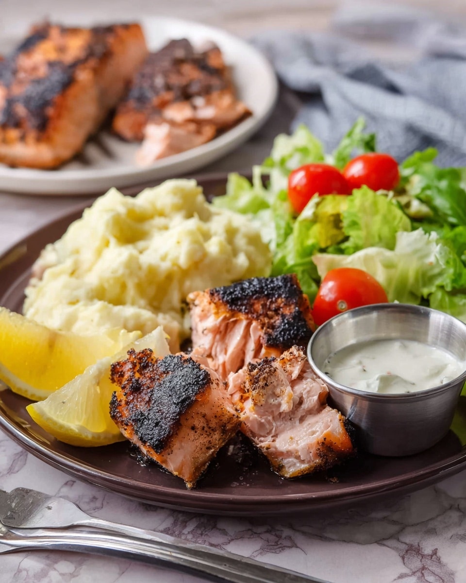 A dark brown plate holds a meal with four main parts: on the left front, chunks of grilled salmon are stacked, showing a pink interior with blackened edges on top; behind the salmon, there is a scoop of creamy mashed potatoes in a pale yellow tone with a lemon wedge on the side; to the right of the salmon, there is a small metal cup filled with white creamy sauce; on the upper right side, a green salad made of lettuce leaves and halved red cherry tomatoes adds fresh color; the plate is set on a white marbled surface with a silver fork resting nearby, and in the background, more pieces of grilled salmon appear on a white plate photo taken with an iphone --ar 4:5 --v 7