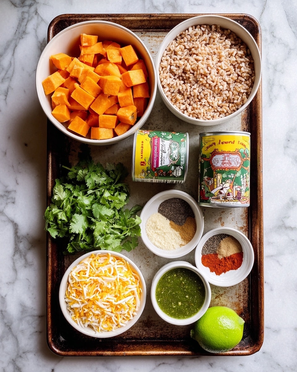 The image shows a rusty metal tray on a white marbled surface with various ingredients neatly arranged. Starting from the top left, there is a round white bowl filled with orange cubed sweet potatoes, next to it on the right is another white bowl full of cooked brown rice. Below these, two cans are placed side by side, one with a colorful design and the other smaller and yellow. To the right of the cans, a small white bowl holds an assortment of spices in red, green, and beige tones. Below this, another white bowl contains shredded yellow and white cheese. At the bottom left corner of the tray, a bunch of fresh green cilantro lies next to a white bowl filled with a green salsa or sauce. Finally, at the bottom right corner is a whole green lime. The photo taken with an iphone --ar 4:5 --v 7