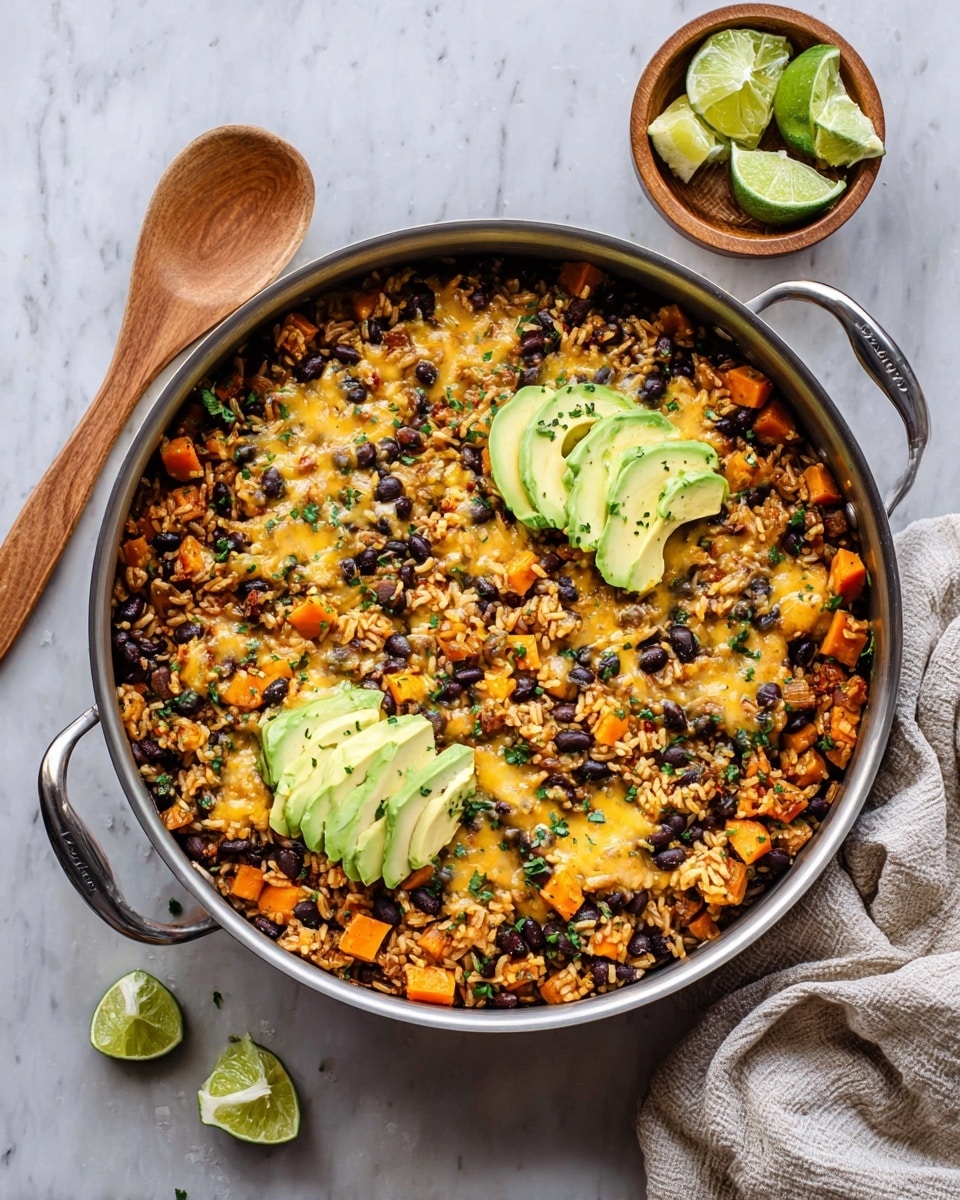 A metal pan filled with a colorful dish made of cooked rice mixed with black beans, small orange sweet potato cubes, and melted yellow cheese evenly spread throughout, topped with small green herb pieces. Three slices of fresh avocado with light green and creamy texture are placed in three separate groups on top near the edges. The pan sits on a white marbled surface next to a wooden spoon and a small wooden bowl filled with lime wedges. A crumpled light-colored cloth is placed near the top right corner. Photo taken with an iphone --ar 4:5 --v 7