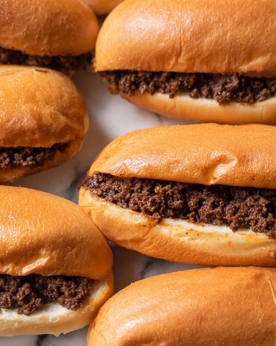 The image shows several sandwiches close together, each with a single layer of finely ground cooked beef inside a soft, shiny, golden-brown sandwich roll. The beef is dark brown and crumbly, filling the middle of the sandwich with the top and bottom parts of the roll wrapping around it. The rolls look fresh and slightly wrinkled on the surface, and the whole scene is placed on a white marbled texture. photo taken with an iphone --ar 4:5 --v 7