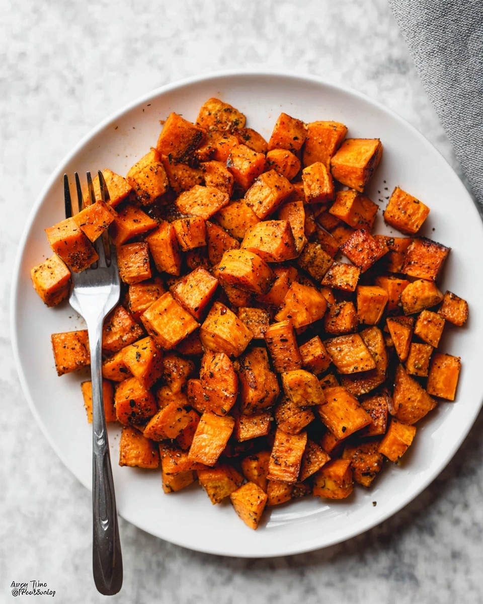 The image shows a white plate filled with many small cubes of roasted sweet potatoes that are golden orange with some brown edges, covered lightly with black pepper seasoning. A silver fork is placed on the plate, picking up a few cubes from the pile. The plate rests on a white marbled surface. photo taken with an iphone --ar 4:5 --v 7