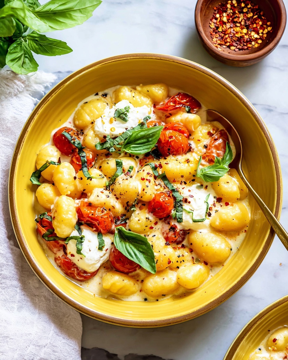The image shows a yellow bowl filled with a creamy gnocchi dish topped with vibrant red cherry tomatoes and dollops of white cheese, sprinkled lightly with black pepper and red chili flakes. Fresh green basil leaves rest on top and around the gnocchi, adding a bright pop of color. The bowl sits on a white marbled surface with a white napkin partially visible and a smaller brown bowl of red chili flakes in the background. A gold spoon is placed inside the bowl, slightly submerged in the creamy sauce. Photo taken with an iphone --ar 4:5 --v 7