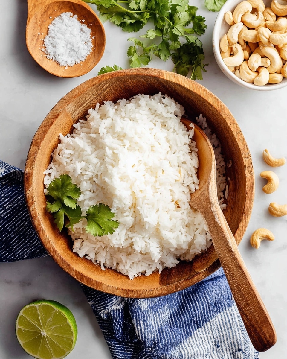 A round wooden bowl filled with a mound of white cooked rice, with a wooden spoon resting inside the bowl on the right side, partially buried in the rice. Around the bowl on a white marbled surface is a halved lime showing its green interior at the lower left, a bunch of fresh green cilantro near the lime, a small wooden dish holding some white flaky salt at the upper left, and a white bowl filled with light brown cashew nuts at the upper right. A blue and white striped cloth is placed beneath the wooden bowl. Photo taken with an iphone --ar 4:5 --v 7