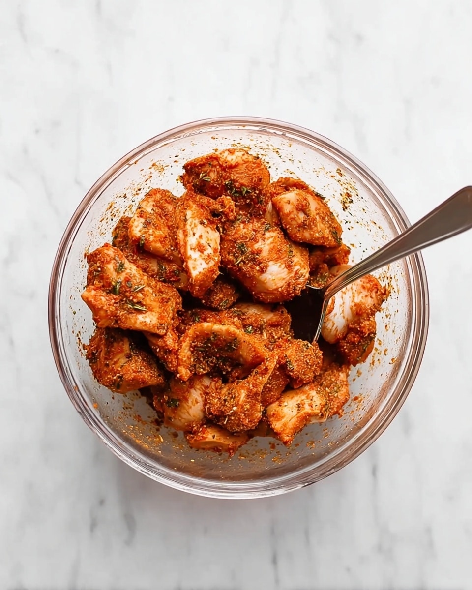 A clear glass bowl sits on a white marbled surface, filled with raw chicken pieces coated in a reddish-brown spice mix. The chicken pieces are unevenly shaped and layered loosely on top of each other inside the bowl. A silver spoon rests inside the bowl, partially inserted among the chicken, with its handle extending outwards. The spices give a textured, grainy look to the chicken, and small green herb flakes are visible sprinkled over the meat. Photo taken with an iphone --ar 4:5 --v 7