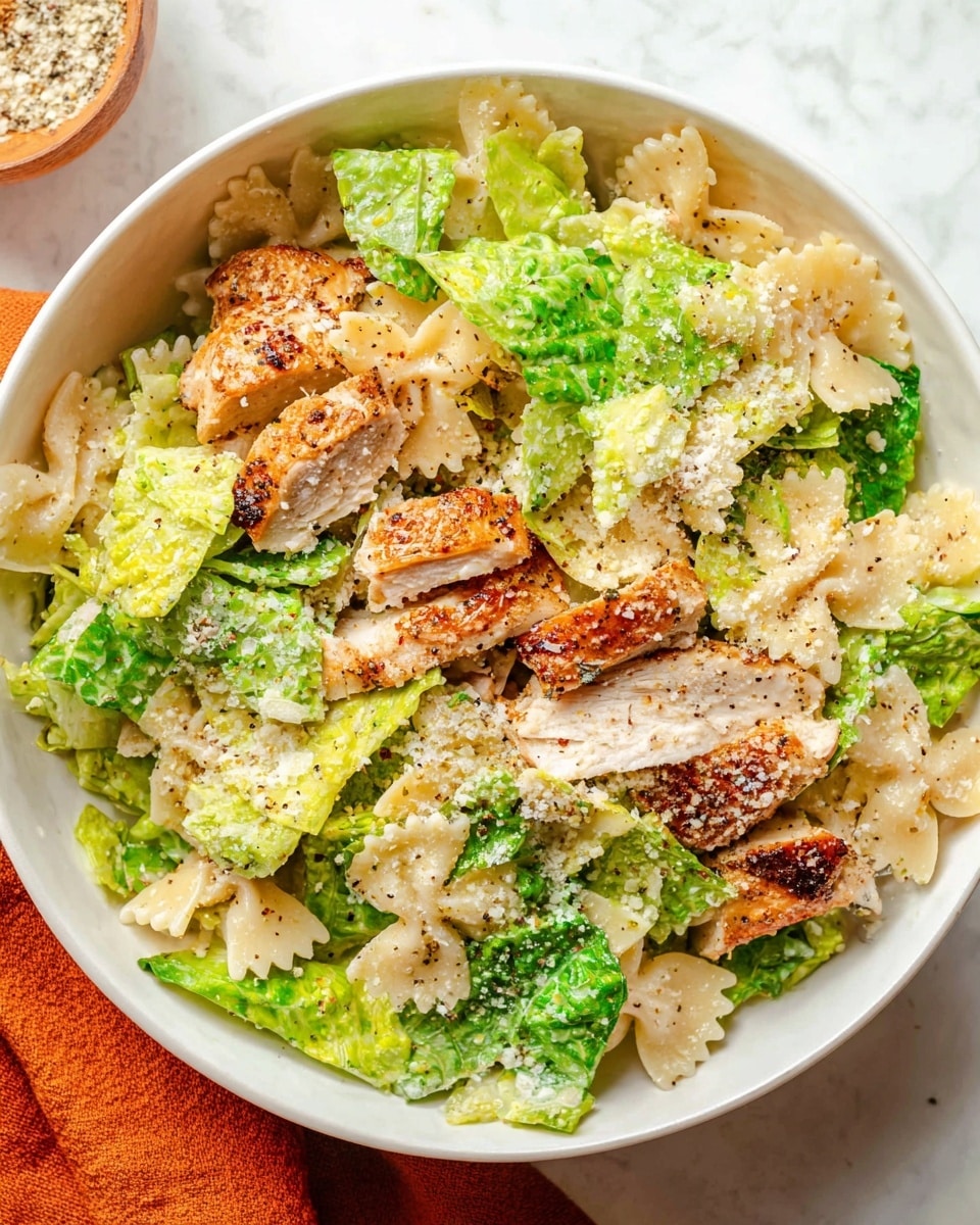 A white bowl filled with a fresh pasta salad showing three main layers: the bottom layer is light beige farfalle pasta, the middle layer has bright green romaine lettuce leaves torn into pieces, and the top layer contains slices of cooked chicken with a browned crust. The entire dish is sprinkled with a light dusting of grated cheese and black pepper. The bowl sits on a white marbled surface with an orange cloth on the lower left side. photo taken with an iphone --ar 4:5 --v 7