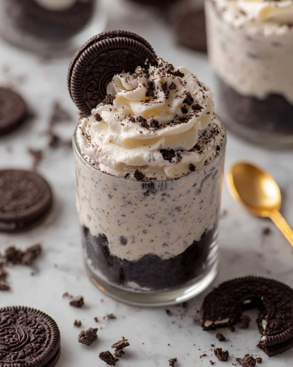 The image shows a clear glass cup layered with a dark crushed cookie base at the bottom, topped with a thick creamy mixture speckled with small cookie bits, filling most of the cup. On top, there is a swirl of white whipped cream sprinkled with cookie crumbs. A whole dark chocolate sandwich cookie is placed upright, partially embedded in the whipped cream. The cup sits on a white marbled surface scattered with whole and broken chocolate sandwich cookies, with a small golden spoon nearby. photo taken with an iphone --ar 4:5 --v 7