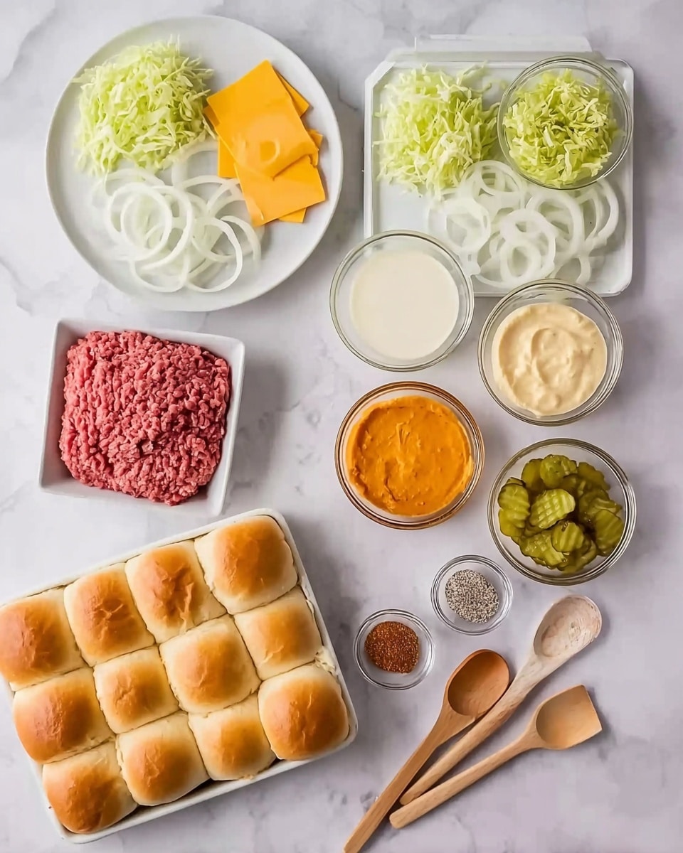 The image shows ingredients arranged neatly on a white marbled surface. There is a white rectangular dish with raw ground beef, a white plate with layers of yellow cheese slices, thin white onion rings, and shredded pale green lettuce. Nearby, small white bowls hold light yellow pickles, creamy white sauce, bright orange sauce, green relish, and a small amount of pale yellow sliced garlic. A glass dish contains golden brown dinner rolls stacked in three rows. Four small wooden spoons filled with salt, black pepper, white pepper, paprika, and chili powder are also placed in the frame. The layout is clean and organized, with each ingredient clearly visible. photo taken with an iphone --ar 4:5 --v 7