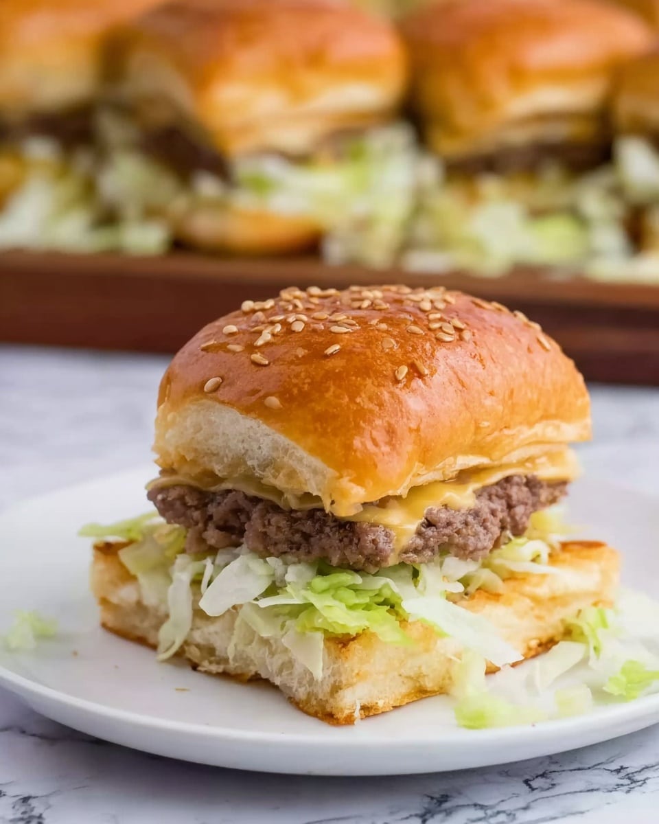 The image shows a small slider burger on a white plate over a white marbled surface. The slider has a soft, golden-brown sesame seed bun on top. Inside, there is a thick, juicy beef patty with a slightly crumbly texture. Underneath the beef patty, there is a thin layer of melted cheese that is pale yellow. Around the slider and on the plate, there is shredded lettuce that is light green and white. In the background, there is another food item on a wooden board, blurred, with some lettuce as well. The photo taken with an iphone --ar 4:5 --v 7