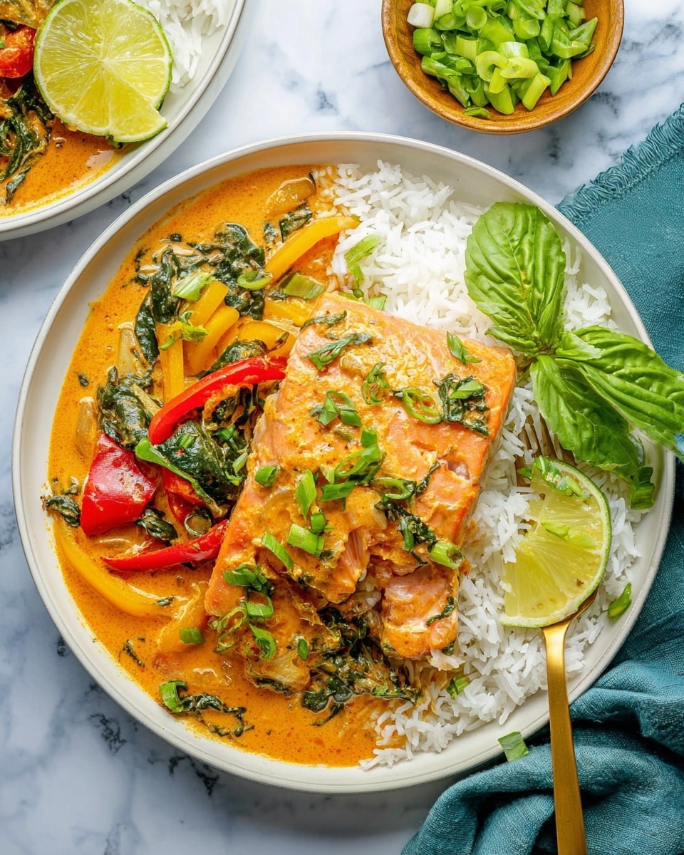 The dish shows a layer of white rice on the bottom, topped with a thick creamy orange curry sauce mixed with cooked red and yellow bell pepper slices and wilted green leaves, likely spinach or basil. On top, there is a golden-brown cooked salmon fillet with a slightly cracked surface revealing the pink inside, sprinkled with chopped green onions and cilantro. A wedge of lime and fresh basil leaves decorate the side of the white plate, which rests on a white marbled surface. A gold fork is partially inserted into the salmon. In the background, there is a small bowl with sliced green onions. Photo taken with an iphone --ar 4:5 --v 7