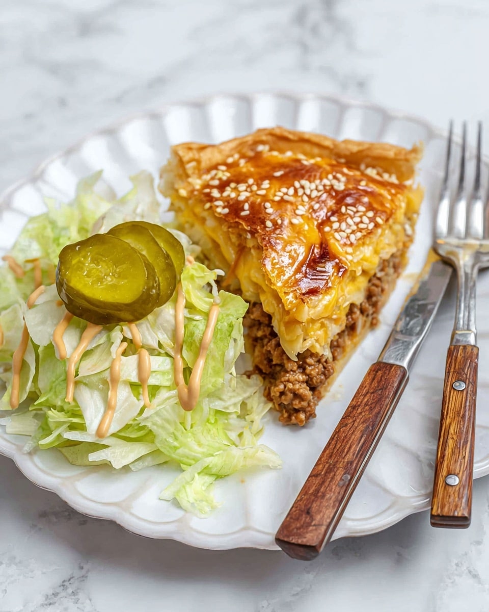 The dish shows a white scalloped plate holding a slice of layered pie with a golden brown crust sprinkled with sesame seeds on top. Below the crust, there is a layer of cooked ground meat mixed with melted yellow cheese, giving a textured and slightly greasy look. On one side of the pie slice, fresh shredded pale green lettuce is piled with two green pickle slices on top, drizzled with a creamy light brown sauce. In the top right corner of the plate, a fork and knife with wooden handles rest, and the whole scene is set on a white marbled surface. Photo taken with an iphone --ar 4:5 --v 7
