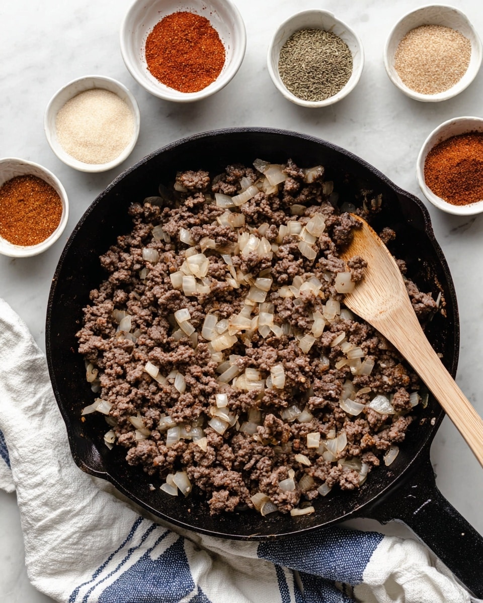 A black cast iron skillet filled with cooked ground beef mixed with light translucent chopped onions evenly spread throughout, showing a coarse texture with brown and white colors. A light wooden spoon rests inside the skillet on the right side, partially covered by the meat and onions. Around the skillet, there are several small white bowls filled with various powdered spices showing different shades of red, brown, and beige. A white and blue striped cloth napkin is placed underneath the skillet on a white marbled surface. Photo taken with an iphone --ar 4:5 --v 7