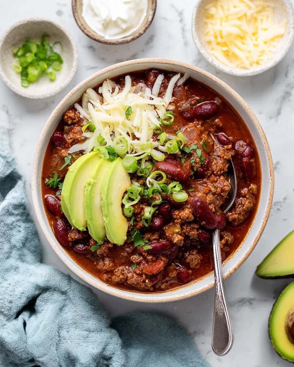 The image shows a white ceramic bowl filled with chili that has kidney beans and ground meat in a thick reddish-brown sauce. On top, there are three slices of green avocado, white shredded cheese scattered on the left side, and chopped green onions scattered over the chili, adding bright green color. A metal spoon is partially submerged on the right side inside the chili. The bowl is placed on a white marbled surface with a light blue cloth napkin to the left. Around the bowl, small white bowls hold extra shredded cheese and sour cream, and a halved avocado is visible on the right side. Photo taken with an iphone --ar 4:5 --v 7