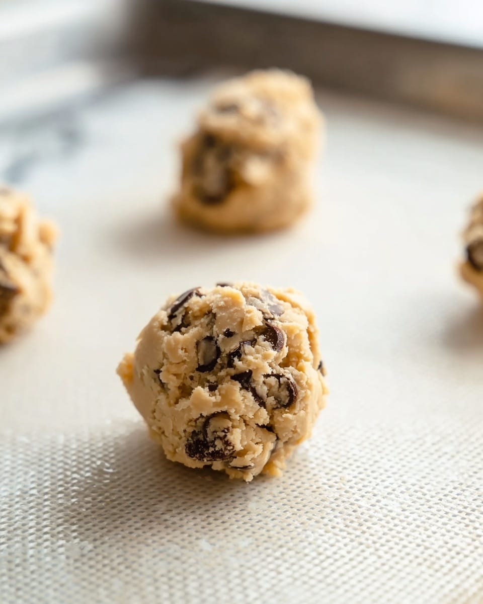 The image shows three uneven round scoops of light beige cookie dough with darker chocolate chips mixed inside. The dough balls have a slightly crumbly texture and sit spaced apart on a textured white silicone baking mat that covers a metal baking tray. The background is a white marbled texture, and the focus is on the center dough ball, making it sharp while the other two are softly blurred in the background. photo taken with an iphone --ar 4:5 --v 7
