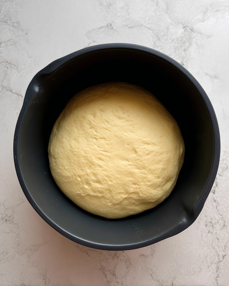 A smooth, pale yellow dough ball sits centered inside a deep, black mixing bowl with a spout visible on one side. The dough has a soft texture with slight wrinkles on its rounded surface, indicating it has risen. The bowl rests on a white marbled surface that contrasts with the dark bowl. photo taken with an iphone --ar 4:5 --v 7