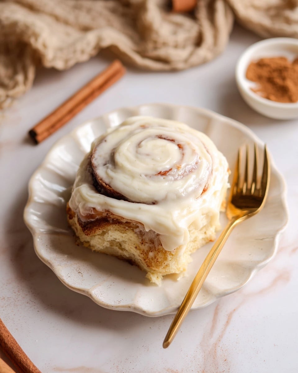 A soft cinnamon roll sits in the middle of a white plate with wavy edges. The roll shows three visible layers of light brown dough spiraling inward, covered by a thick, creamy white frosting that spreads smoothly over the top and partly drips down the sides. The plate is placed on a white marbled surface with two cinnamon sticks resting close by. A golden fork leans gently on the plate’s edge near the roll. In the background, a small white bowl with cinnamon powder and a crumpled beige cloth complete the cozy setting. Photo taken with an iphone --ar 4:5 --v 7