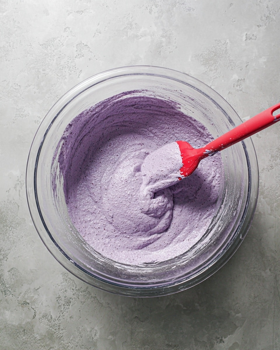 A clear glass mixing bowl contains a smooth, thick batter that is a soft lavender purple color with slightly speckled texture. The batter fills the bowl partially, more than halfway but not to the top. A spatula with a red handle is resting on the right side inside the bowl, coated in the same purple batter. The bowl is placed on a white marbled textured surface. The photo taken with an iphone --ar 4:5 --v 7