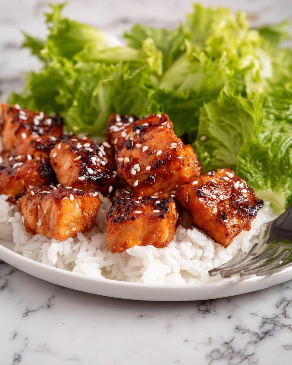 On a white plate sitting on a white marbled surface, there is a layer of white rice arranged flat. On top of the rice, several small, browned pieces of glazed salmon with a shiny, reddish-brown coating are placed, sprinkled lightly with white sesame seeds. Behind the salmon and rice, a loose layer of fresh, bright green lettuce leaves is arranged, their texture soft and leafy. A silver fork lies beside the lettuce, completing the simple and colorful presentation. Photo taken with an iphone --ar 4:5 --v 7