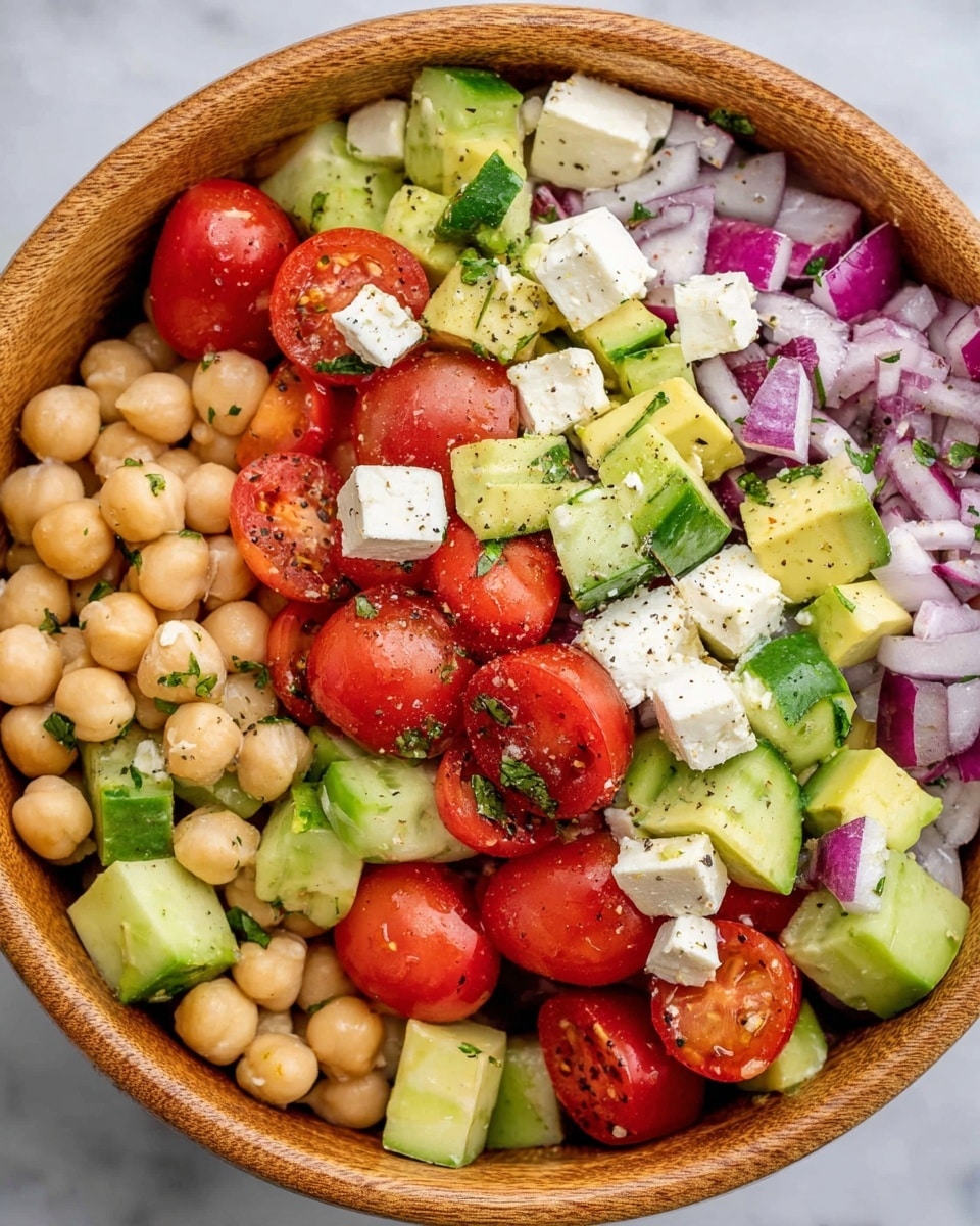 The image shows a wooden bowl filled with a colorful salad made of four main layers: the bottom layer has chickpeas with a pale beige color and smooth texture; the next layer includes bright red cherry tomatoes, both whole and halved, adding a shiny and juicy look; the third layer features light green cucumber cubes and pale green avocado pieces, both with a soft texture; the top layer has small white feta cheese cubes and thin purple slices of red onion, with some chopped green herbs scattered throughout, all topped with black pepper specks. The bowl sits on a white marbled surface. photo taken with an iphone --ar 4:5 --v 7