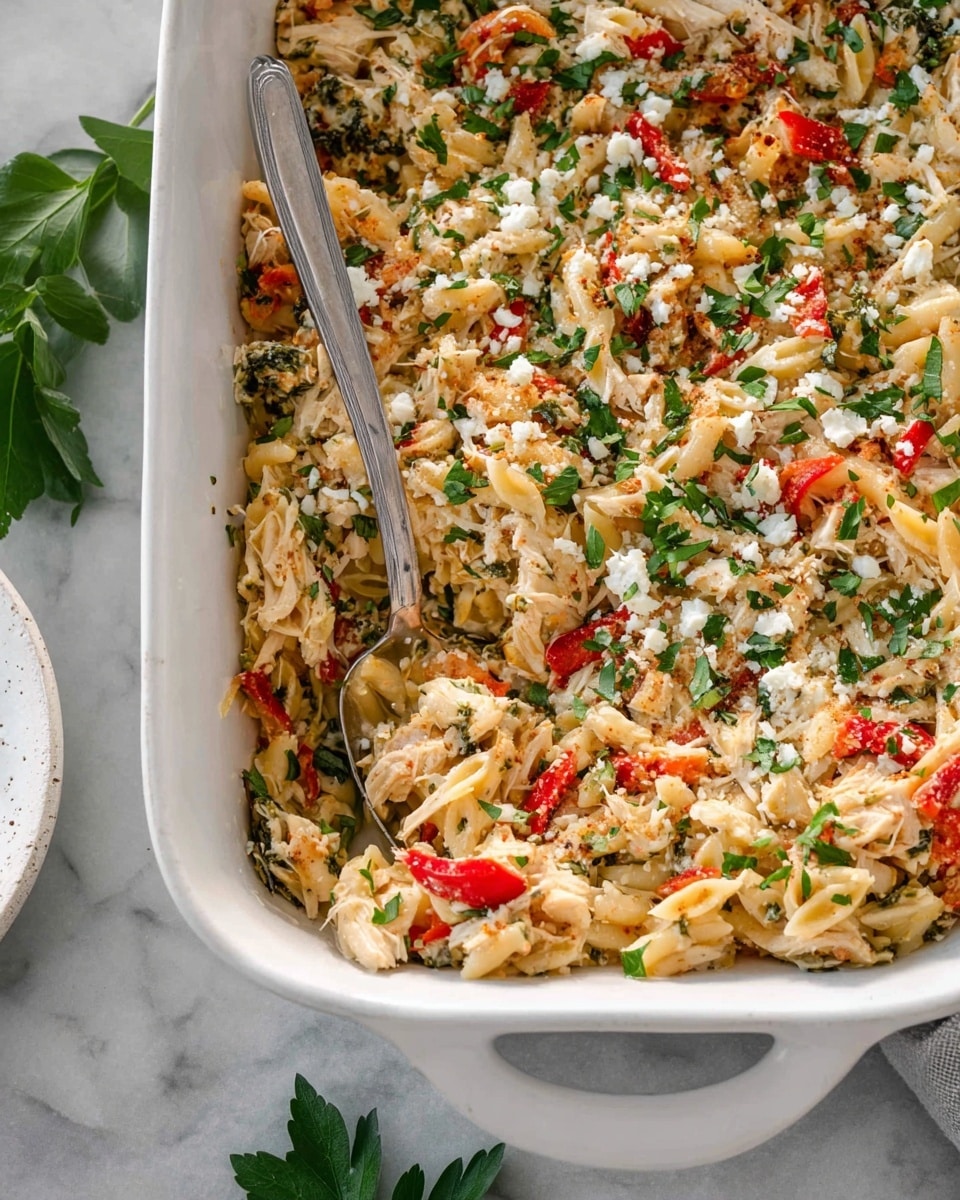 A white baking dish filled with a layered casserole showing a mix of shredded light-colored chicken pieces, chopped red bell peppers, small pasta shapes, and leafy greens all mixed together. The top layer has white cheese crumbs sprinkled with green parsley bits for color contrast. A silver fork stands upright in the middle of the dish, ready for serving. The dish is set on a white marbled surface with a small white plate and green leaves nearby. photo taken with an iphone --ar 4:5 --v 7