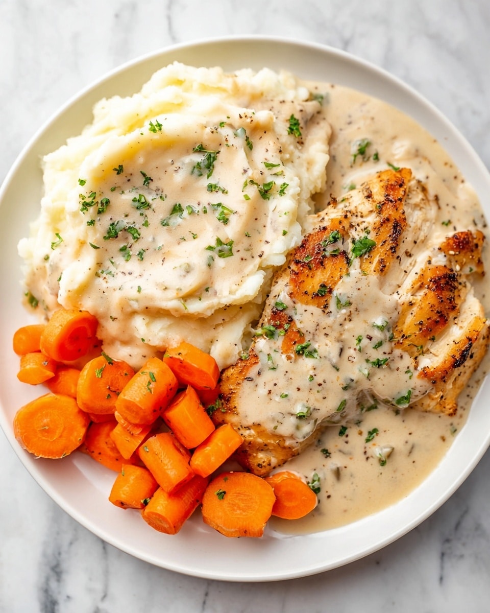 A white plate holds three main parts: on the left bottom there is a layer of smooth mashed potatoes covered with a creamy light beige sauce with small chunks and sprinkled with green herbs and black pepper. Above the mashed potatoes, slightly to the center and right, is a golden brown grilled chicken piece covered with the same creamy sauce and sprinkled with green herbs and black pepper. On the right side, there are several bright orange cooked carrot chunks neatly placed, also sprinkled with small bits of green herbs. The plate is placed on a white marbled surface. photo taken with an iphone --ar 4:5 --v 7