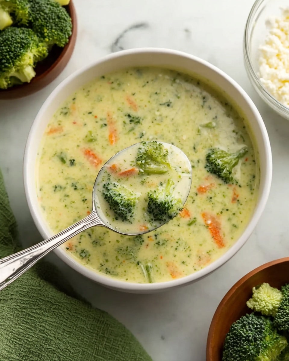 A white bowl filled with creamy broccoli soup that has visible small pieces of broccoli and carrot slices spread evenly in the soup. A silver spoon is scooping some soup, showing the thick texture with green and orange bits. The bowl is set on a white marbled surface, and nearby there is a small brown bowl with broccoli and a larger piece of broccoli beside it. At the bottom right corner, there is a white bowl with cottage cheese, and on the lower left, a green cloth napkin is placed. Photo taken with an iphone --ar 4:5 --v 7