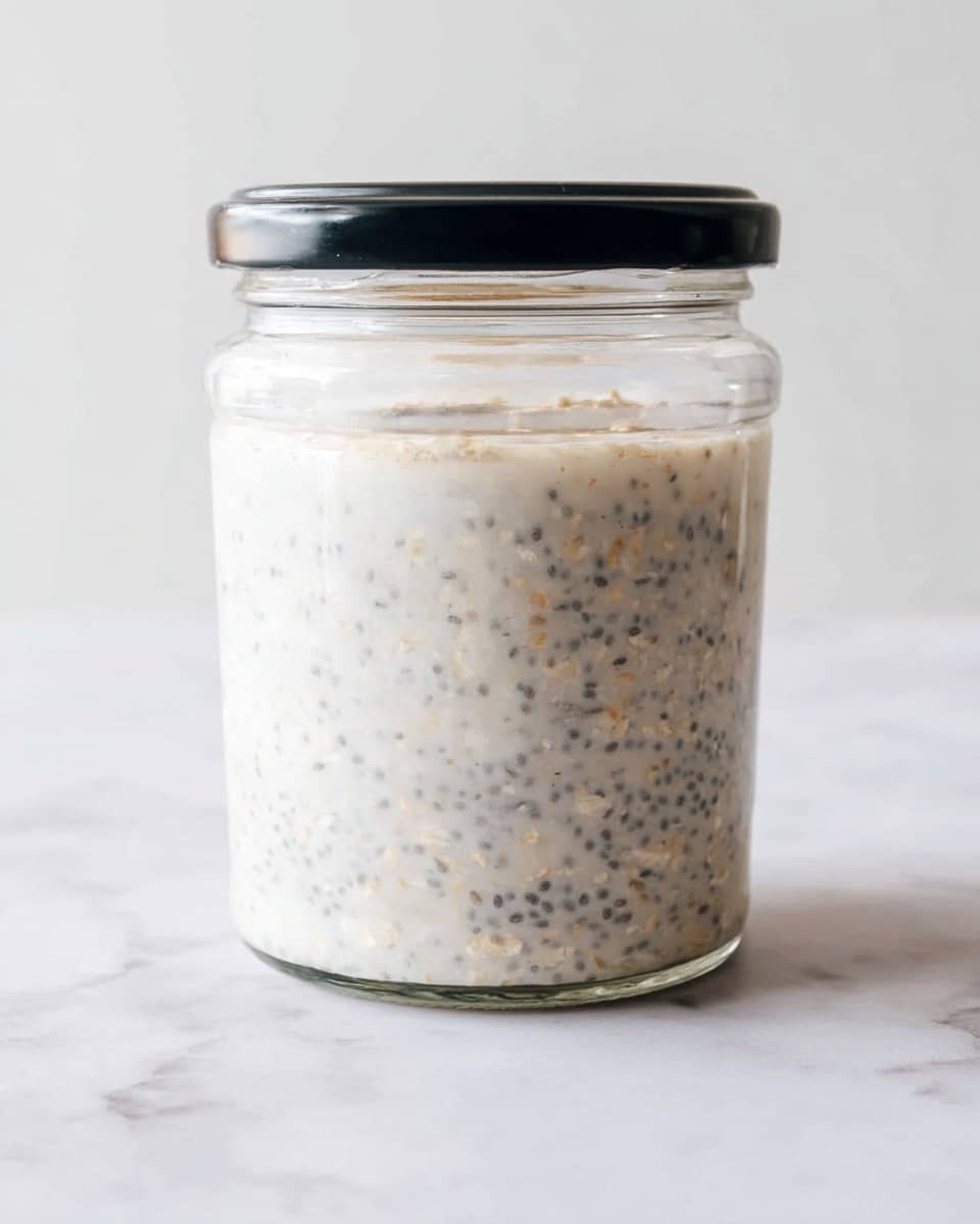 A clear glass jar with a black lid is filled halfway with a creamy mixture of oats and small black chia seeds, suspended in a white milky liquid. The texture inside looks soft and slightly chunky from the oats and seeds, while the top half of the jar is mostly empty and transparent. The jar sits on a white marbled surface with a simple, clean background. photo taken with an iphone --ar 4:5 --v 7